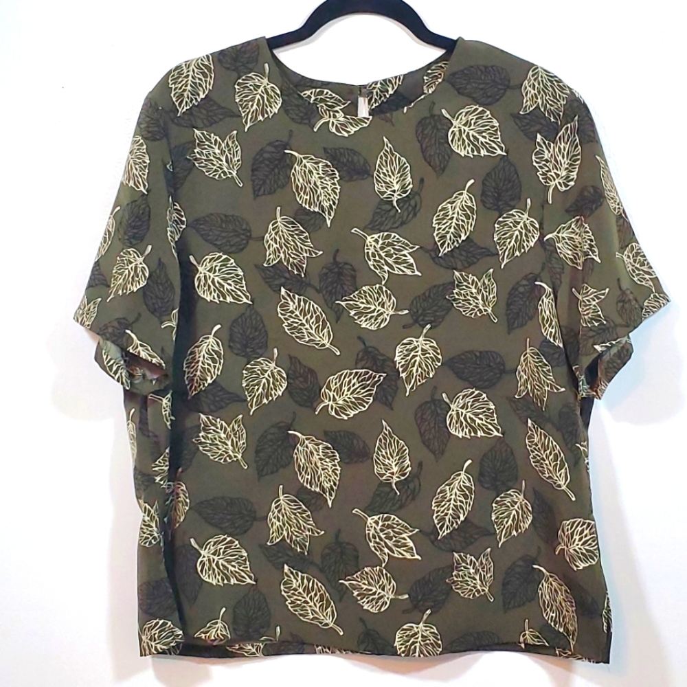 VINTAGE BONWORTH Blouse - Green - Leaf Pattern Size petite medium
